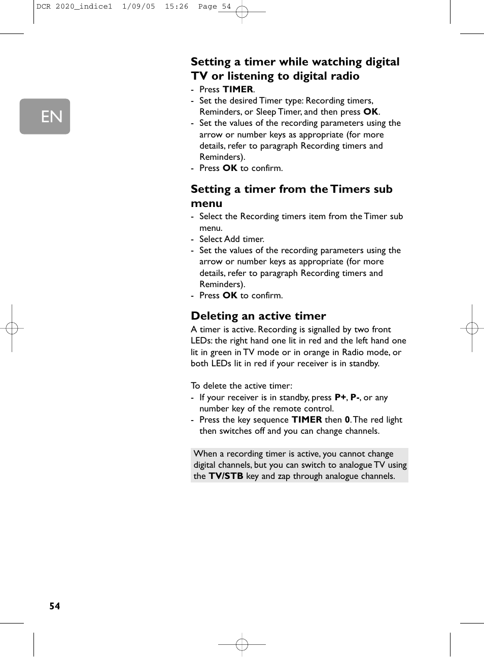 Setting a timer from the timers sub menu, Deleting an active timer | Philips DCR 2020 User Manual | Page 20 / 36