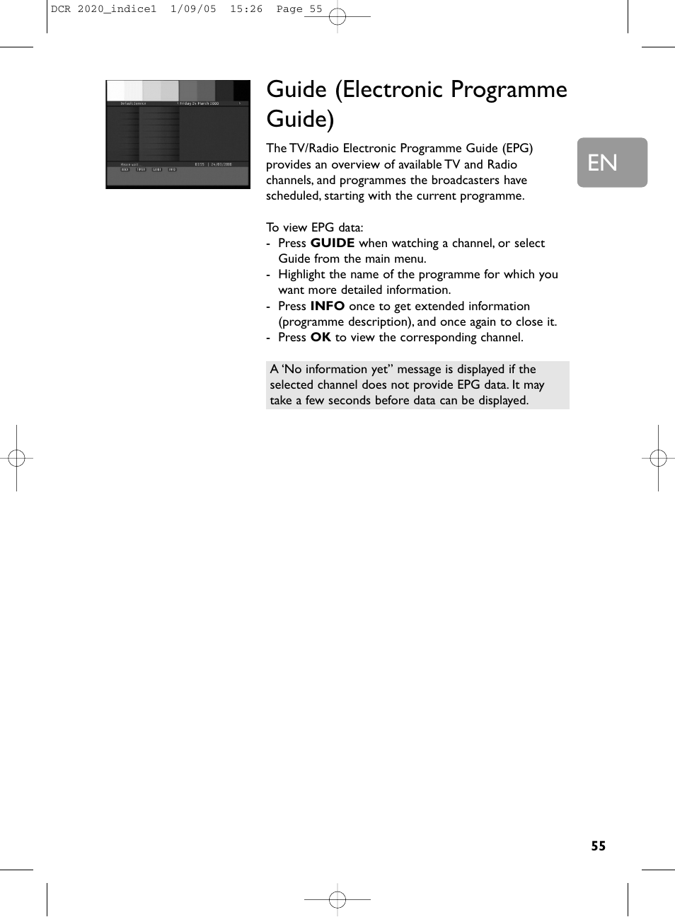 55 guide (electronic programme guide), Guide (electronic programme guide) | Philips DCR 2020 User Manual | Page 21 / 36