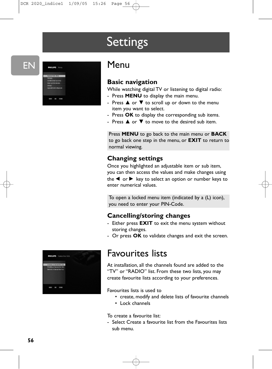 56 settings, 56 menu 56 favourites lists, Settings | Menu, Favourites lists | Philips DCR 2020 User Manual | Page 22 / 36