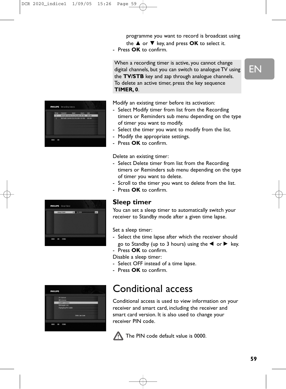 59 conditional access, Conditional access, Sleep timer | Philips DCR 2020 User Manual | Page 25 / 36