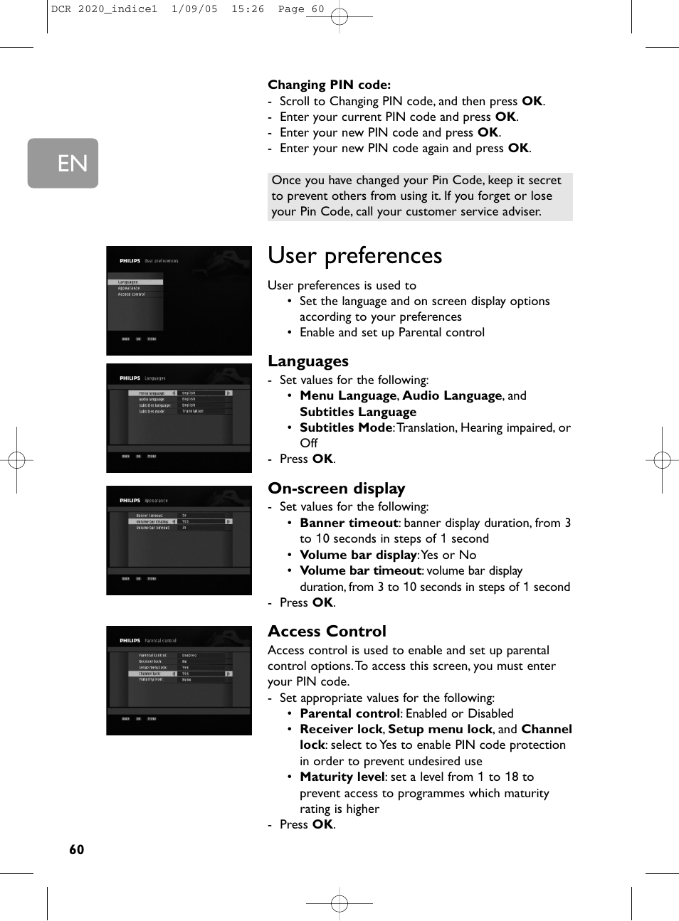 60 user preferences, User preferences, Languages | On-screen display, Access control | Philips DCR 2020 User Manual | Page 26 / 36