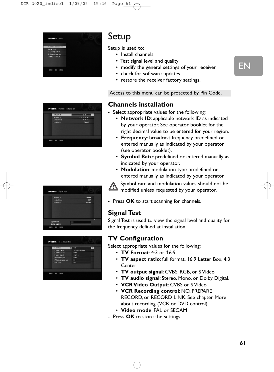 61 setup, Setup, Channels installation | Signal test, Tv configuration | Philips DCR 2020 User Manual | Page 27 / 36