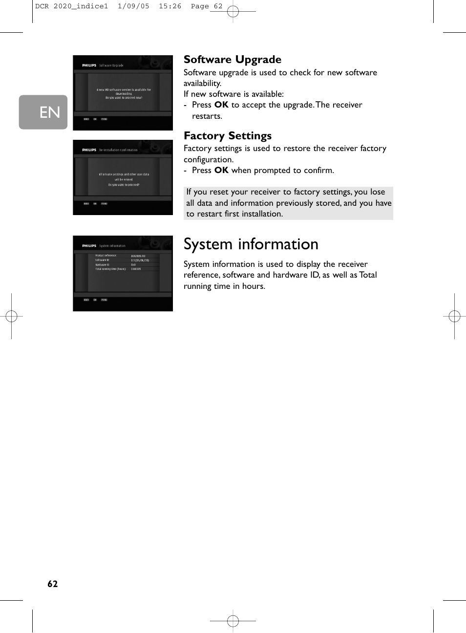 62 system information, System information | Philips DCR 2020 User Manual | Page 28 / 36