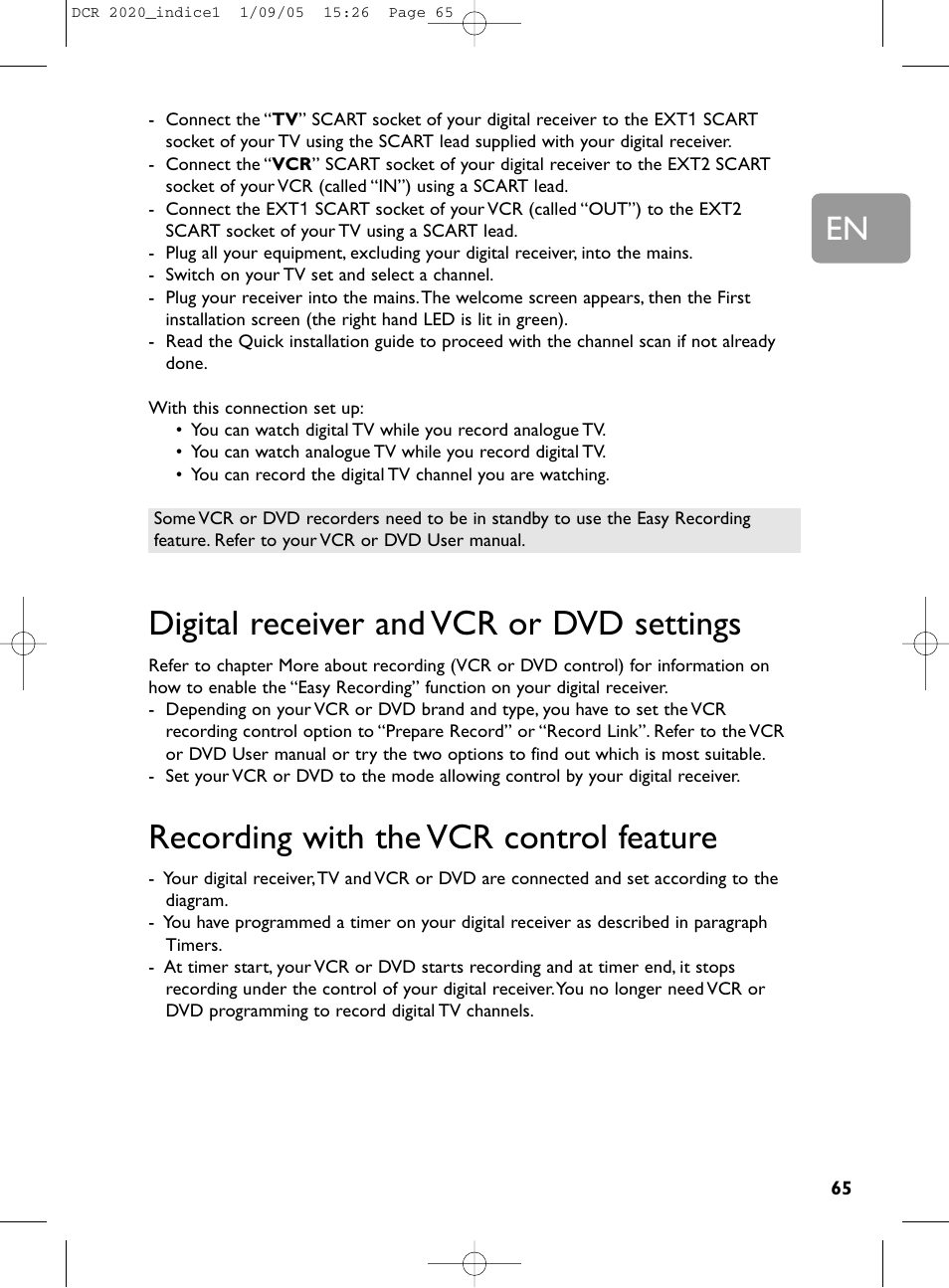 Digital receiver and vcr or dvd settings, Recording with the vcr control feature | Philips DCR 2020 User Manual | Page 31 / 36