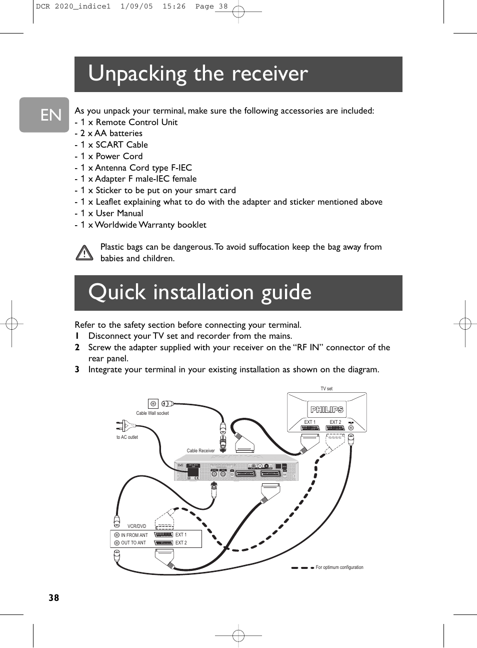 Unpacking the receiver quick installation guide | Philips DCR 2020 User Manual | Page 4 / 36