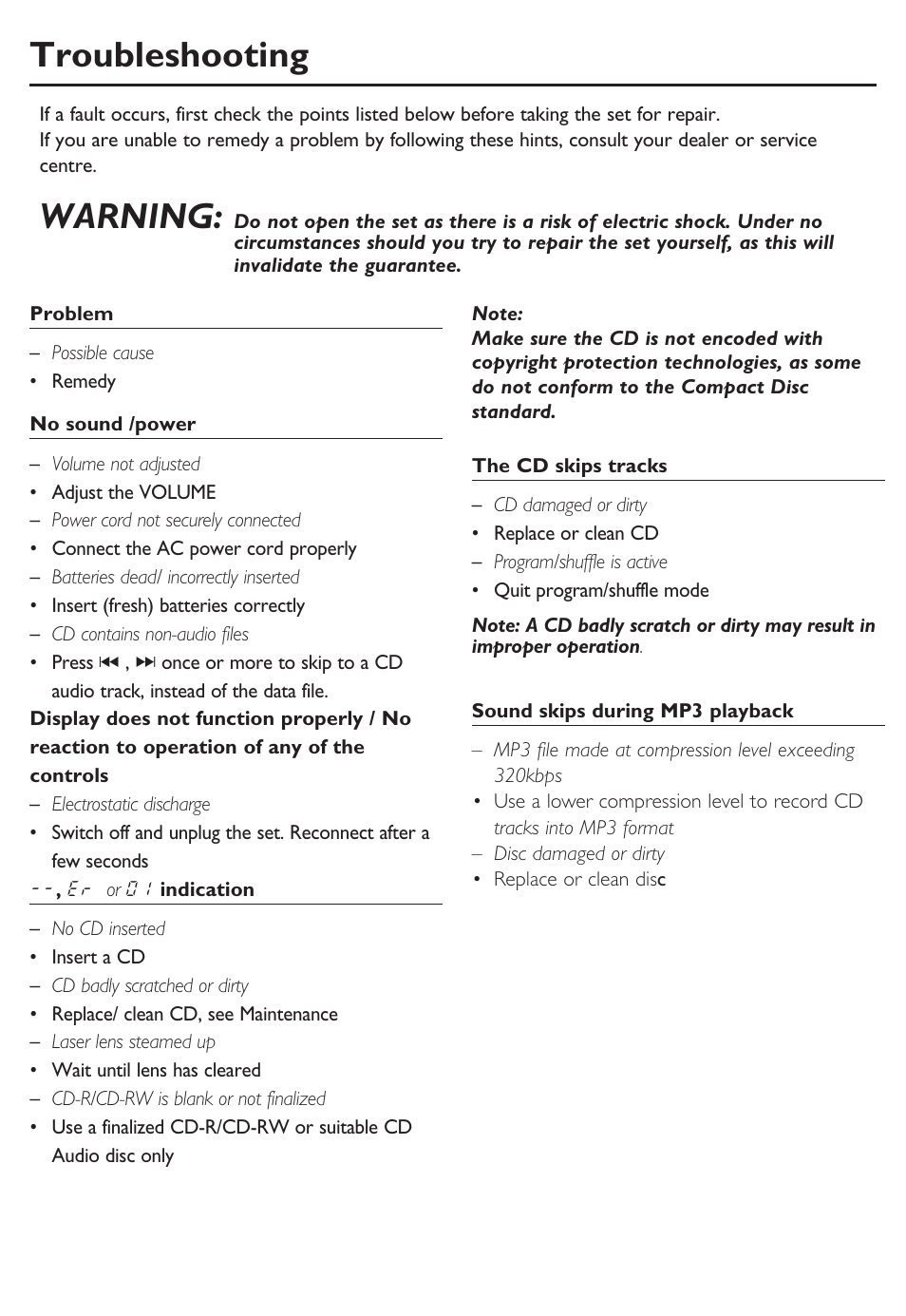 Troubleshooting, Warning | Philips SOUNDMACHINE AZ302 User Manual | Page 10 / 12