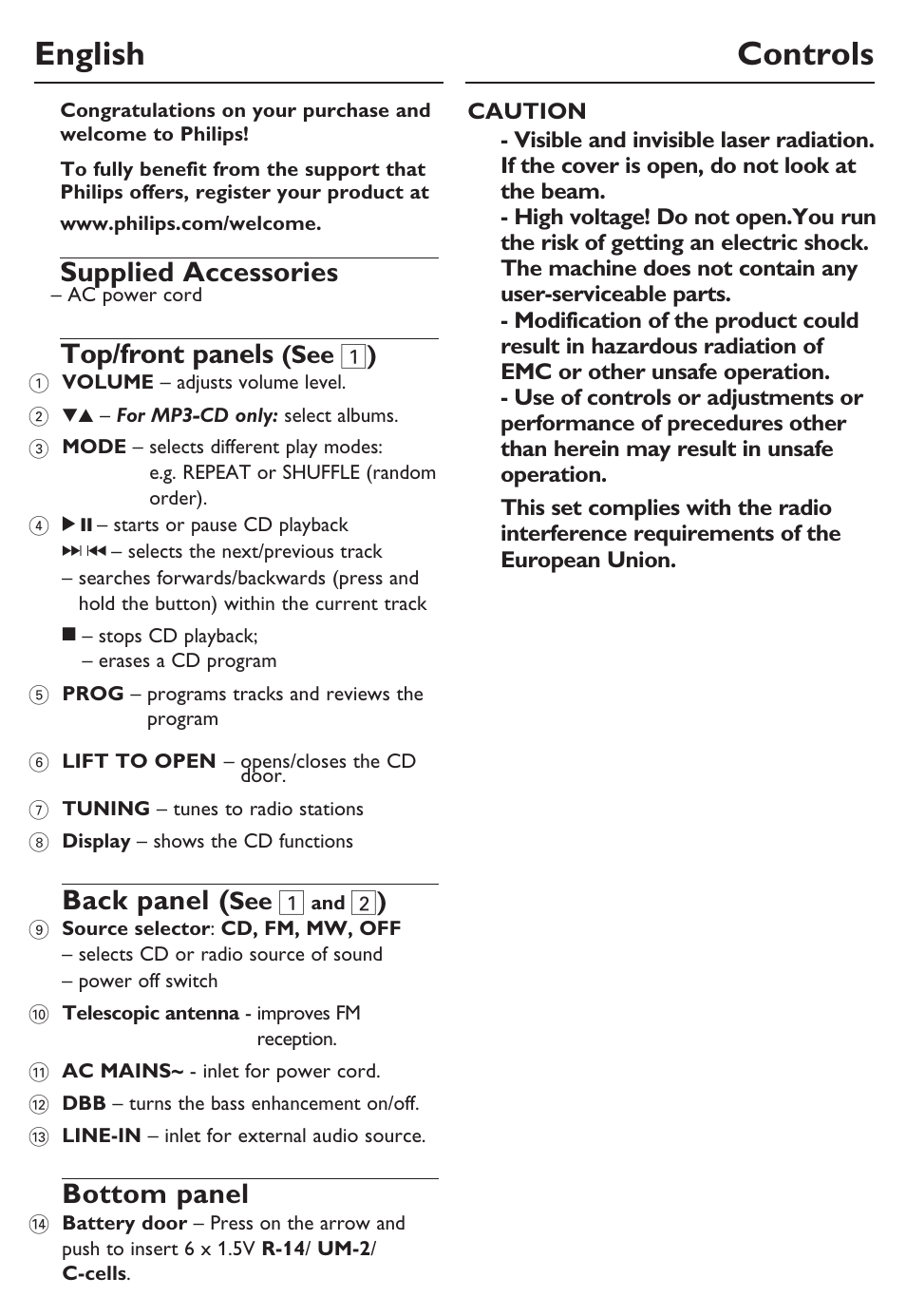 English controls, Supplied accessories, Top/front panels | Back panel, Bottom panel, See 1 ), See 1 | Philips SOUNDMACHINE AZ302 User Manual | Page 5 / 12