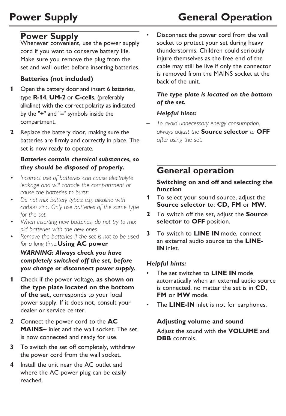 Power supply general operation, Power supply, General operation | Philips SOUNDMACHINE AZ302 User Manual | Page 6 / 12