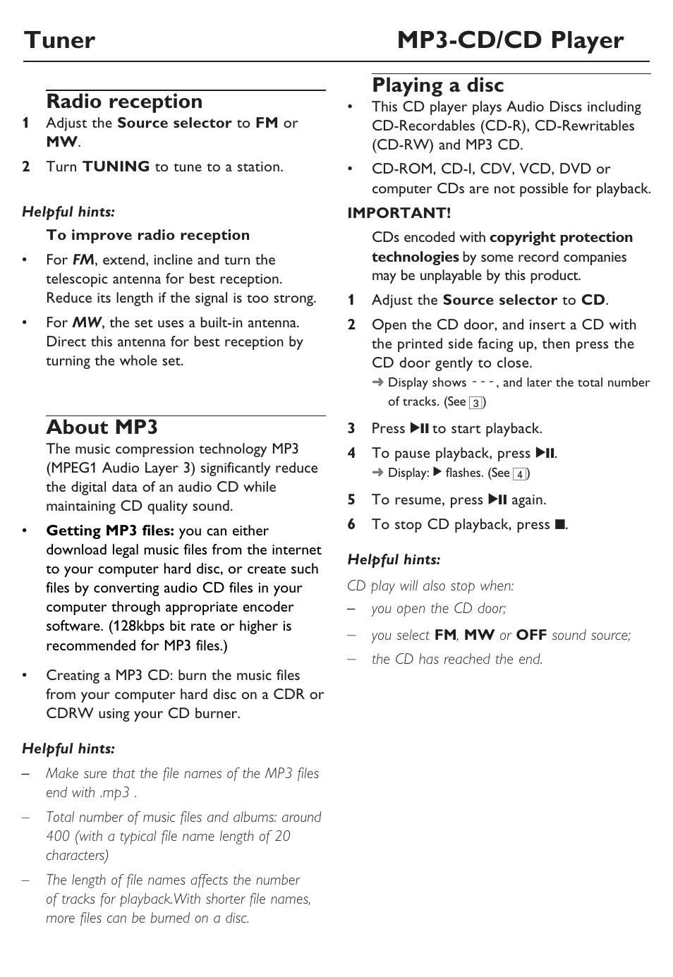 Tuner mp3-cd/cd player, Radio reception, About mp3 | Playing a disc | Philips SOUNDMACHINE AZ302 User Manual | Page 7 / 12