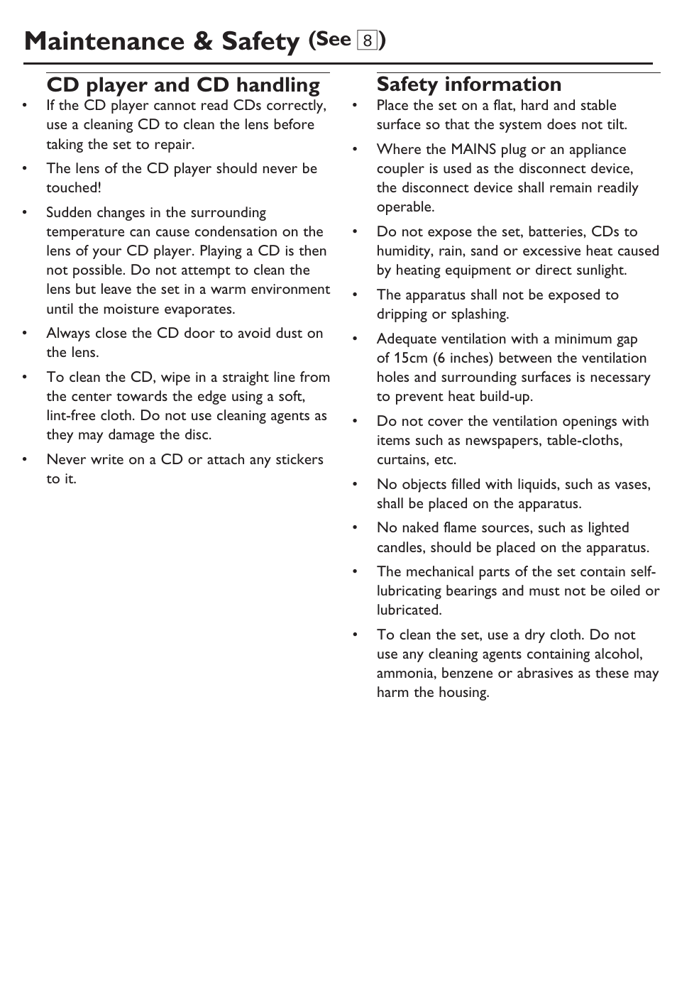 Maintenance & safety, Cd player and cd handling, Safety information | See 8 ) | Philips SOUNDMACHINE AZ302 User Manual | Page 9 / 12