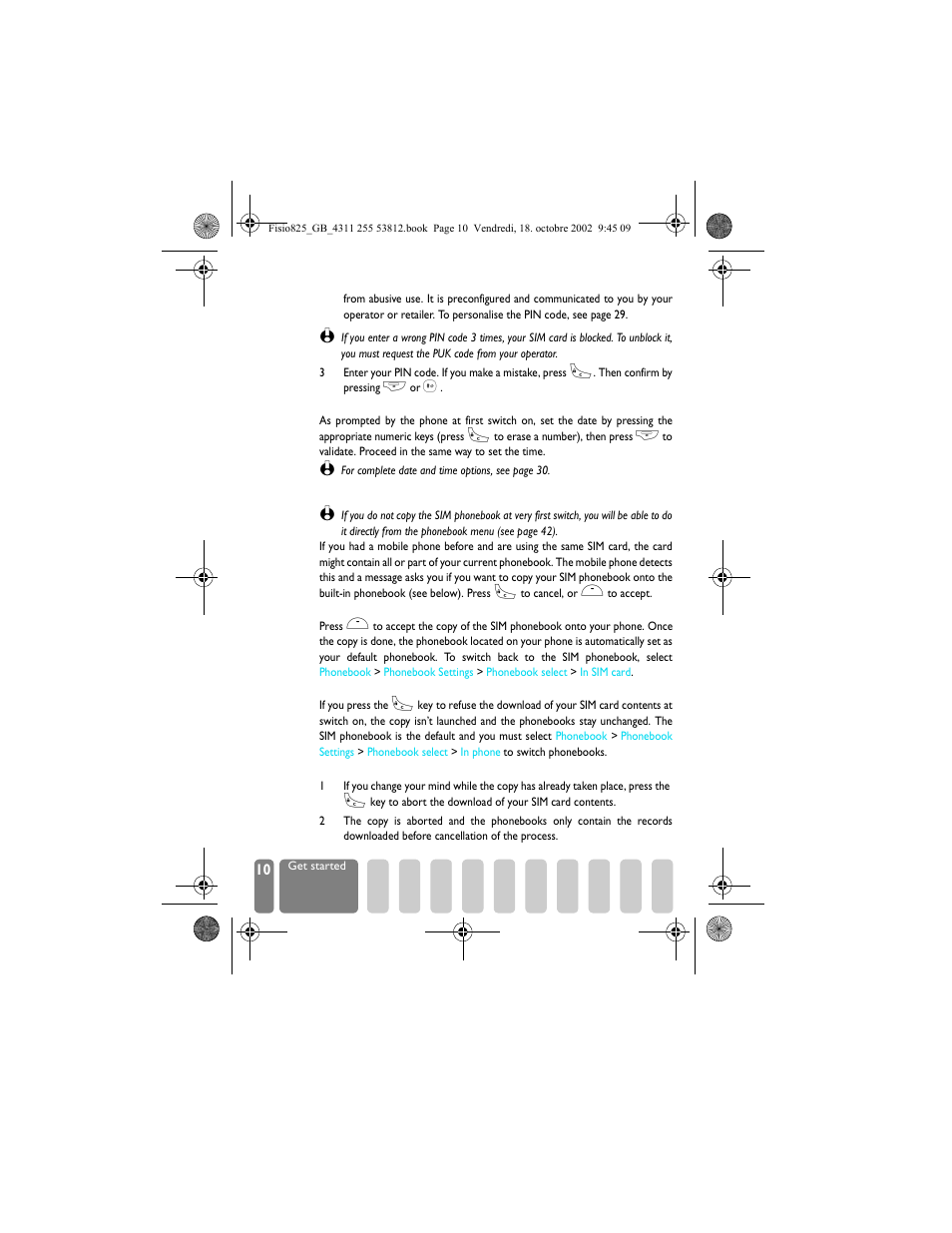 Set date and time, Copy the sim phonebook, Accept the copy | Refuse the copy, Abort the copy, Accept the copy refuse the copy abort the copy | Philips Fisio 825 User Manual | Page 12 / 99