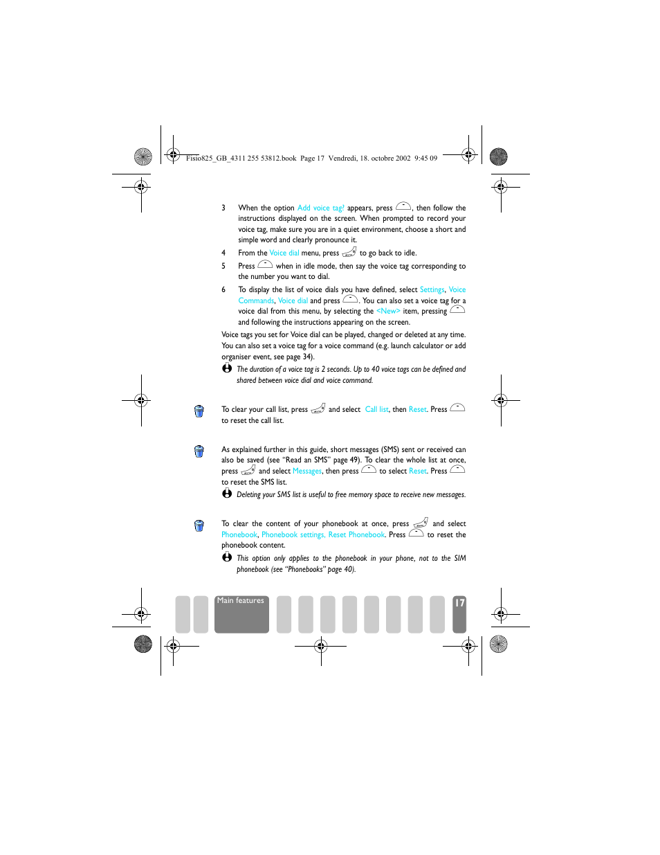 Clear the call list, Clear the sms list, Clear the phonebook | Philips Fisio 825 User Manual | Page 19 / 99