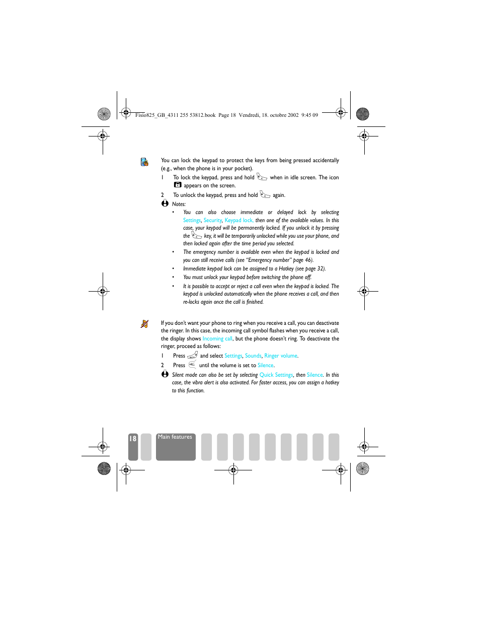 Lock/unlock the keypad, Deactivate the ringer, Lock / unlock the keypad deactivate the ringer | Philips Fisio 825 User Manual | Page 20 / 99
