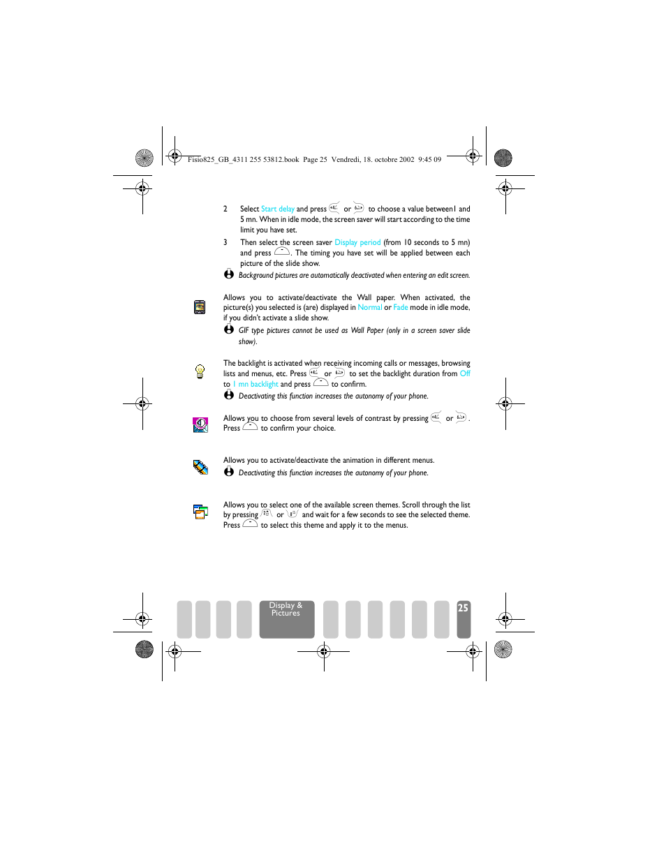 Wall paper, Backlight, Contrast | Animation, Screen theme, Animation/ contrast / screen theme / backlight | Philips Fisio 825 User Manual | Page 27 / 99