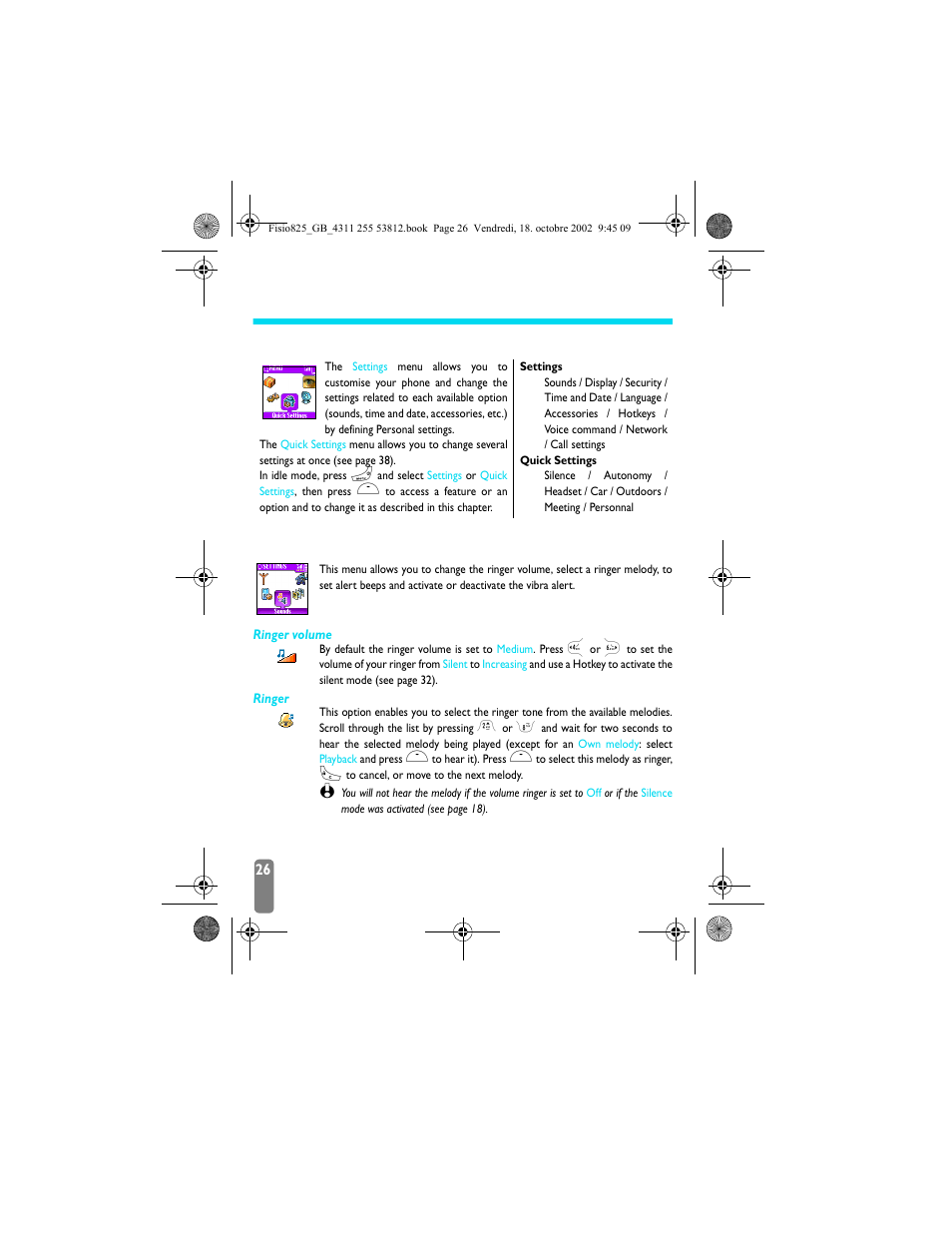 5 • settings & quick settings, Introduction, Settings | Sounds, Quick settings, Introduction settings, Settings p26, Sounds p26, Ringer / ringer volume / k | Philips Fisio 825 User Manual | Page 28 / 99