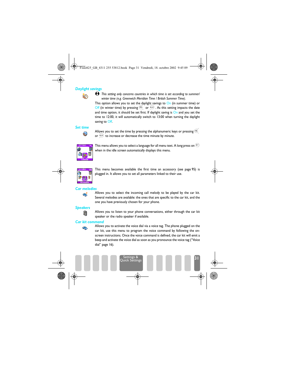 Language, Accessories, Language accessories | Set time, Daylight savings, Language p31, Accessories p31, Car melodies, Car kit command / auto | Philips Fisio 825 User Manual | Page 33 / 99