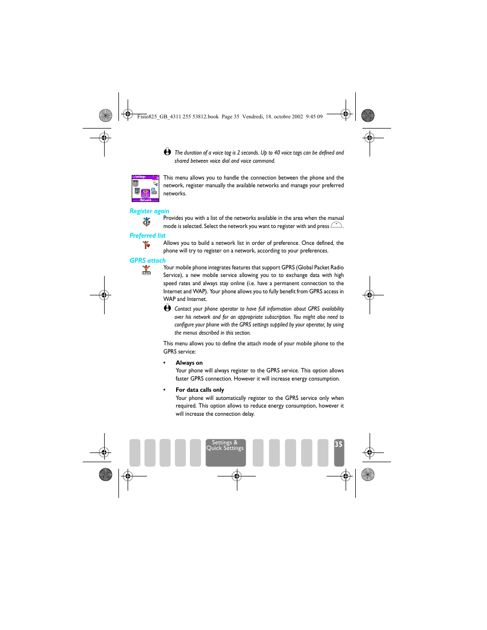 Network, Network p35, Gprs attach | Register again, Preferred list | Philips Fisio 825 User Manual | Page 37 / 99
