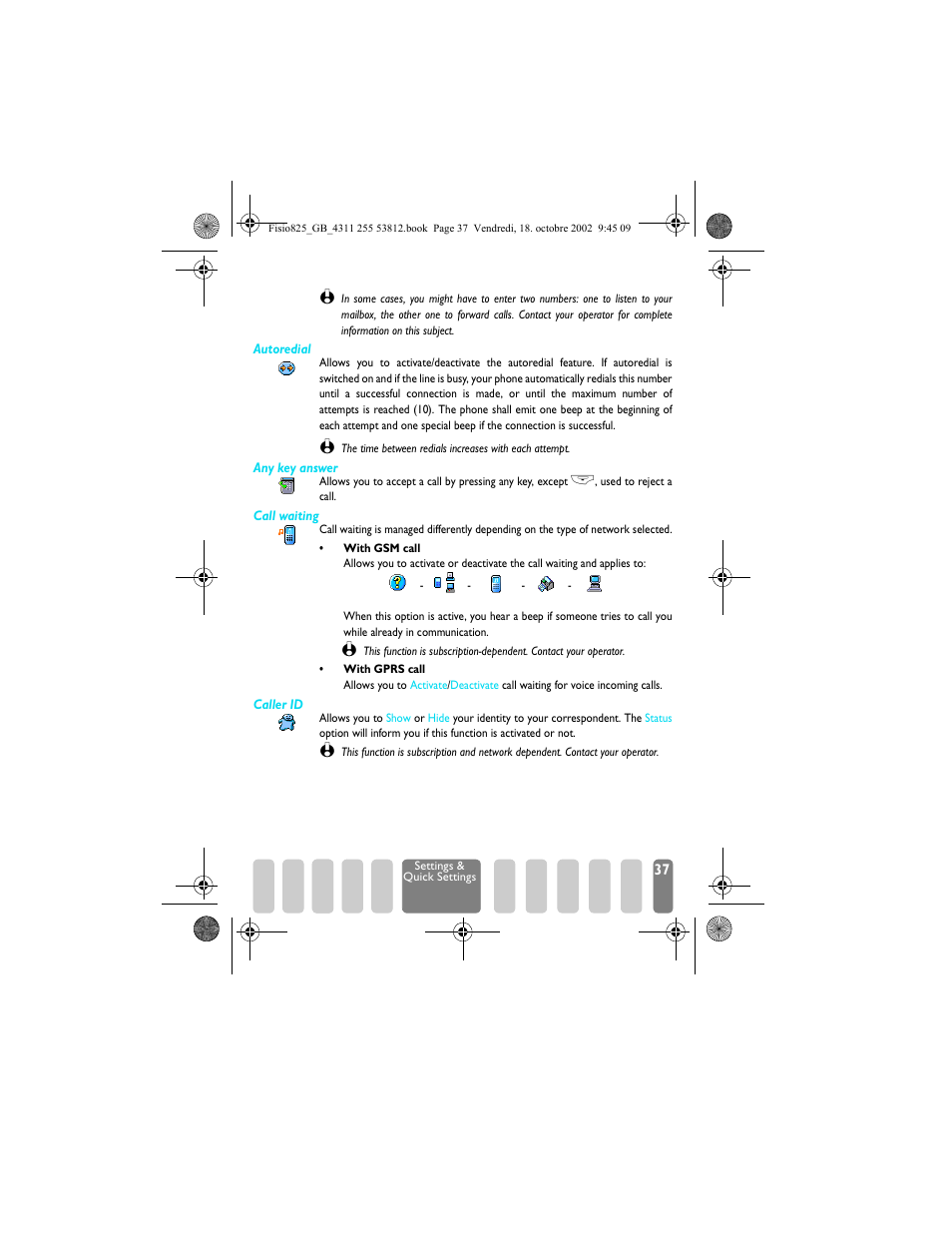 Call waiting / caller id, Edial / any key answer | Philips Fisio 825 User Manual | Page 39 / 99