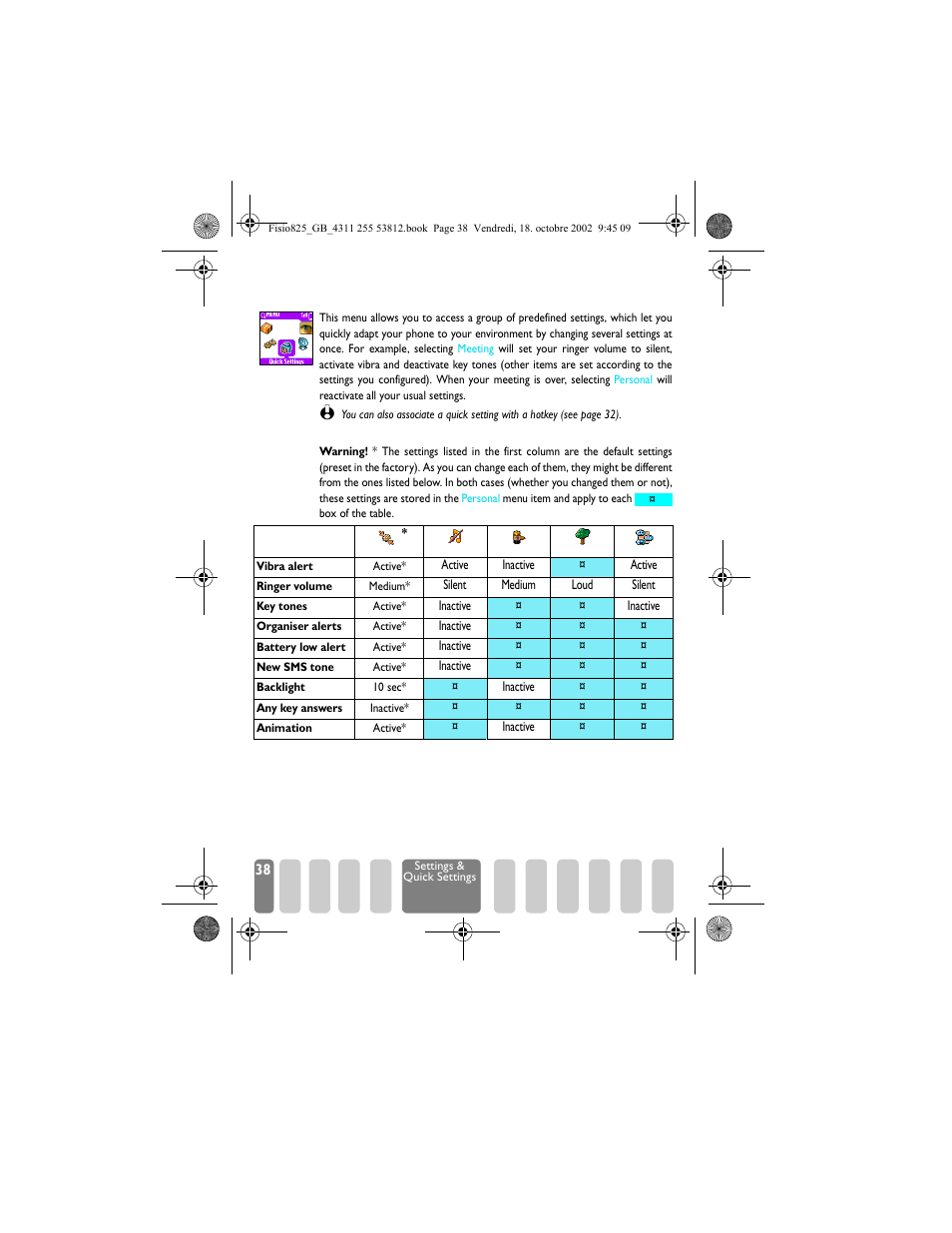 Quick settings, Quick settings p38, Silence p38 | Autonomy p38, Outdoors p38, Meeting p38, Personal p38 | Philips Fisio 825 User Manual | Page 40 / 99