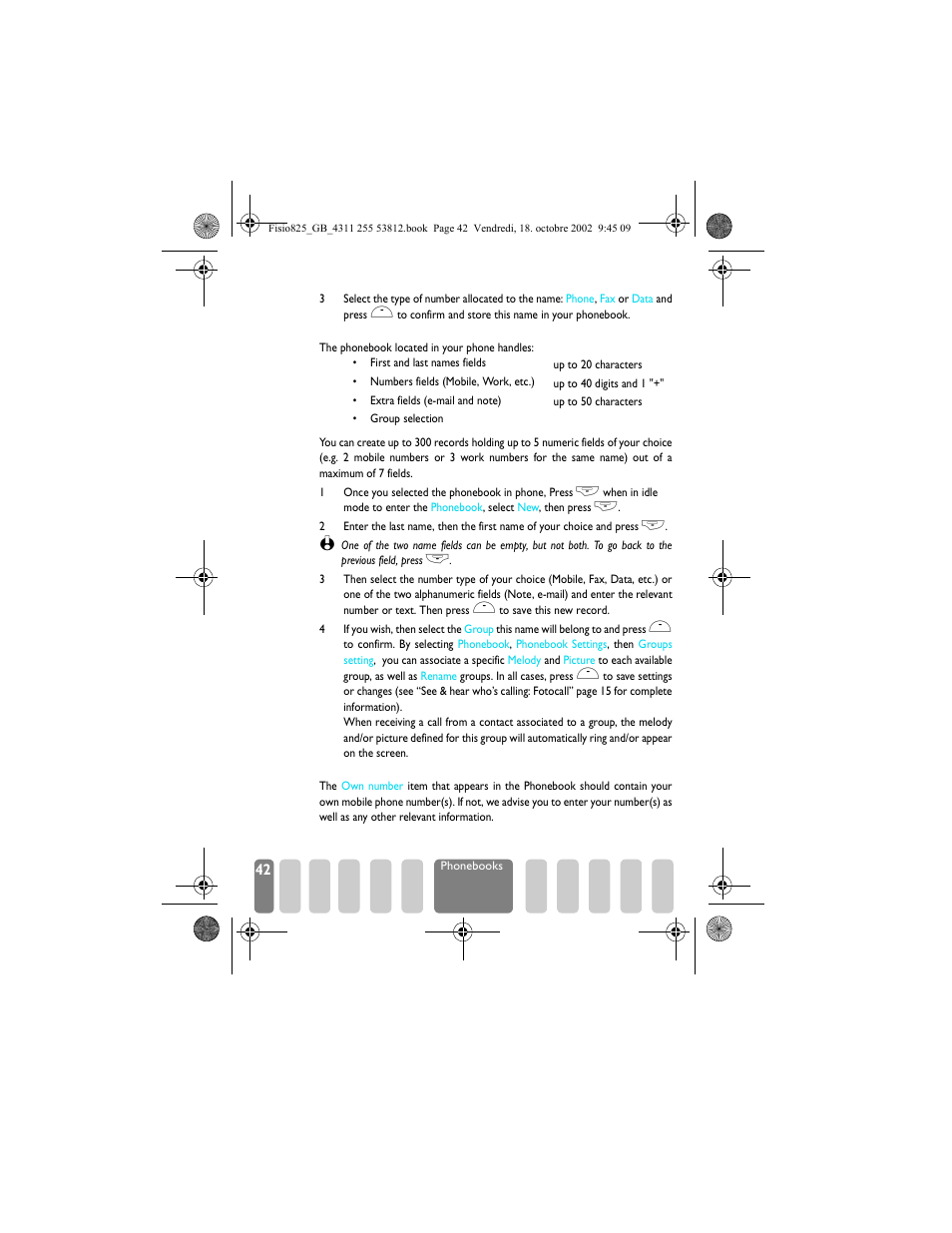 In the phone, Own number, In the phone own number | Philips Fisio 825 User Manual | Page 44 / 99