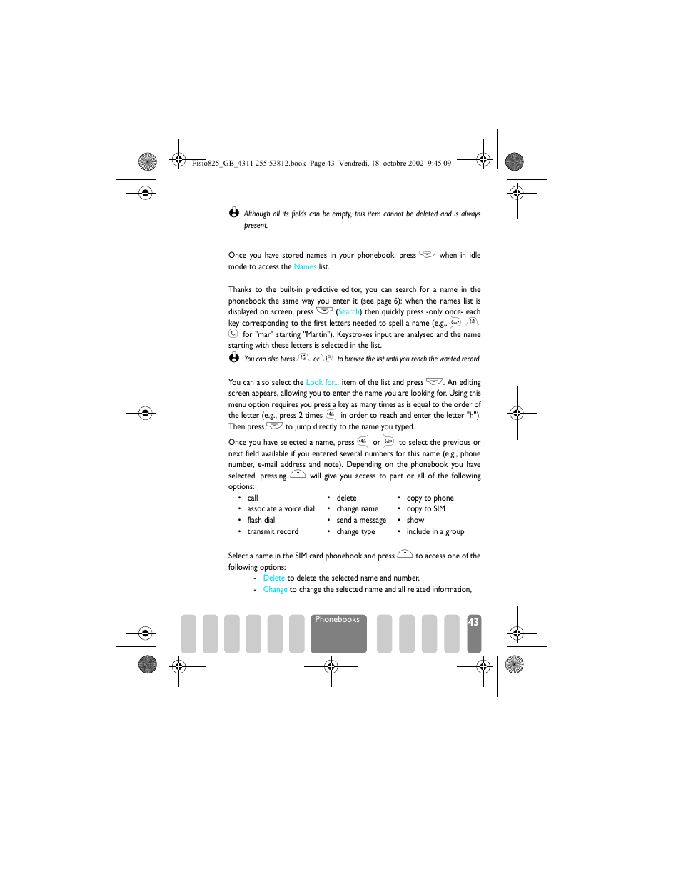 Edit and manage names, Quick search, Look for | In the sim card, Quick search look for in the sim card | Philips Fisio 825 User Manual | Page 45 / 99