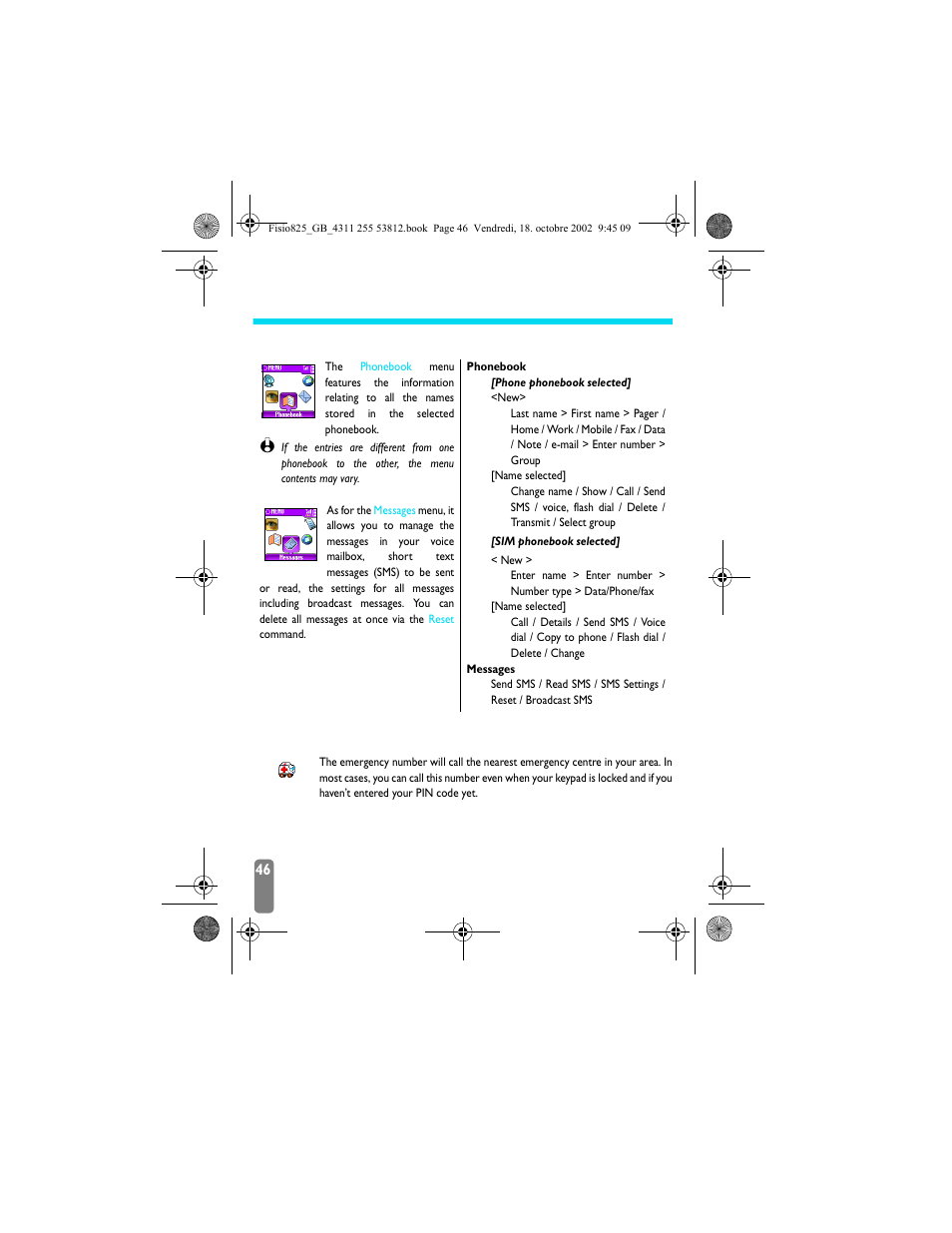 7 • calls and messages, Introduction, Call a number | Emergency number, Calls and messages, Introduction call a number, Messages p46 | Philips Fisio 825 User Manual | Page 48 / 99