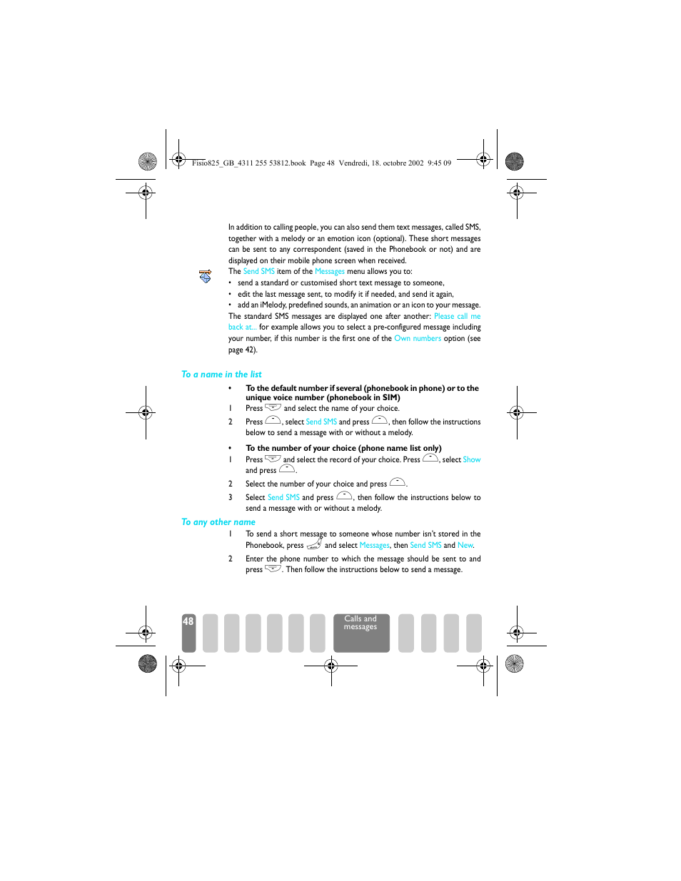 Messages, Send an sms, Messages p48 | Philips Fisio 825 User Manual | Page 50 / 99
