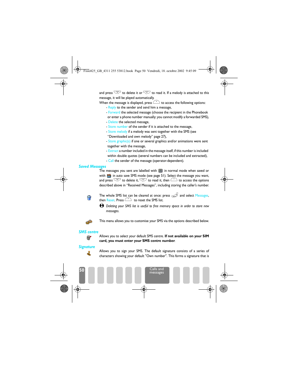 Clear sms, Sms settings, Clear sms sms settings | Saved messages, Sms settings p50, Sms centre / signature | Philips Fisio 825 User Manual | Page 52 / 99
