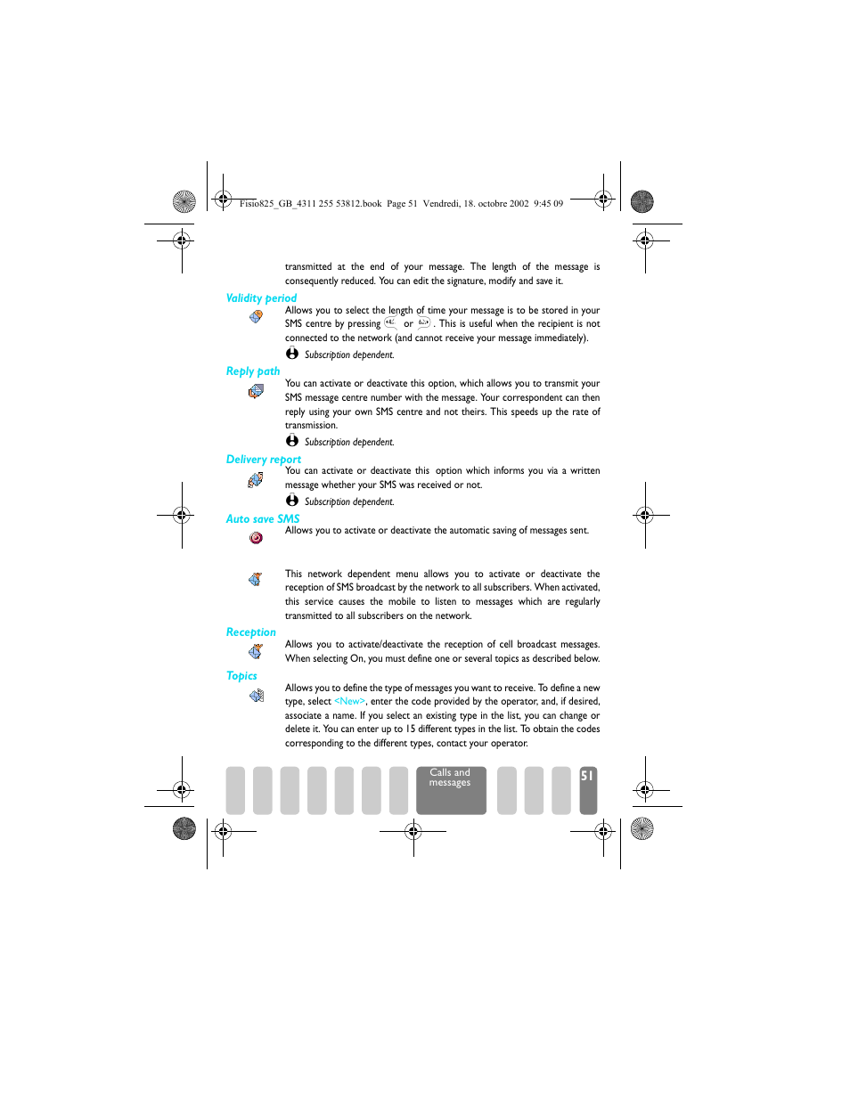Broadcast sms, Validity period / reply path / delivery report, Broadcast sms p51 | Reception / topics | Philips Fisio 825 User Manual | Page 53 / 99