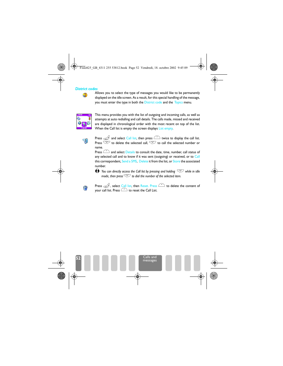 Call list, Reset, Call list reset | Reset p52, District codes, Call list p52 | Philips Fisio 825 User Manual | Page 54 / 99