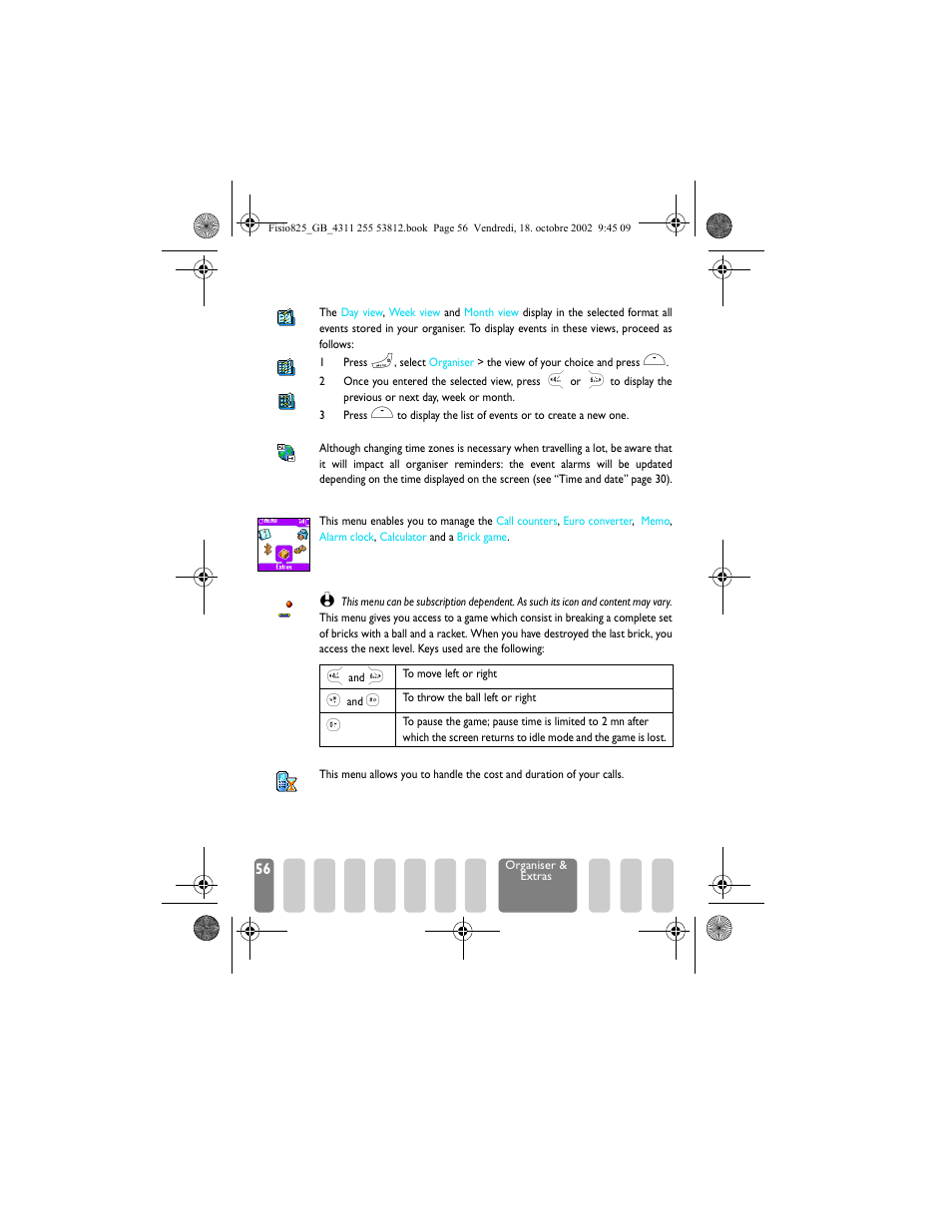 Views of events, Time zone, Extras | Brick game, Call counters, Views of events time zone, Brick game call counters, Extras p56, Brick game p56, Call counters p56 | Philips Fisio 825 User Manual | Page 58 / 99
