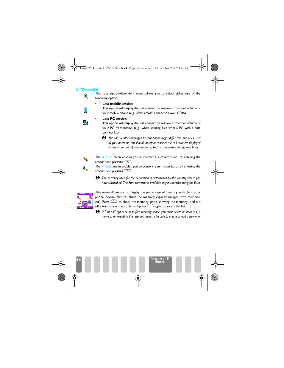 Euro, Memory status, Euro memory status | Rs counter, Euro p58, Memory status p58 | Philips Fisio 825 User Manual | Page 60 / 99