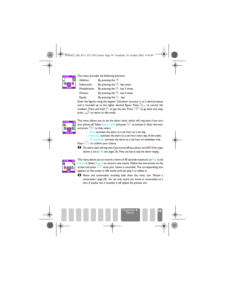 Calculator, Alarm clock, Memo | Calculator alarm clock memo, Calculator p59, Alarm clock p59, Memo p59 | Philips Fisio 825 User Manual | Page 61 / 99