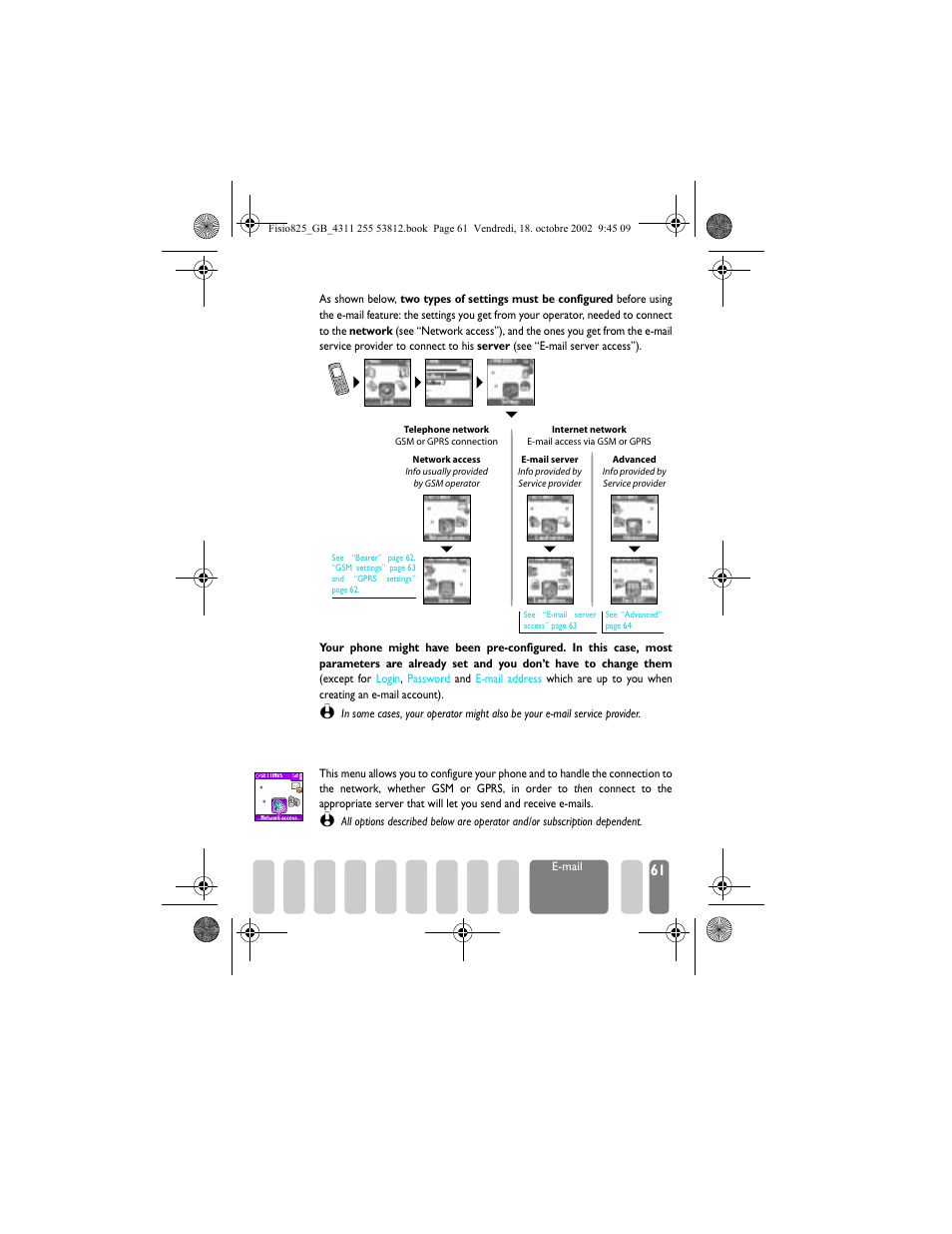 Settings, Network access, Settings p61 | Philips Fisio 825 User Manual | Page 63 / 99
