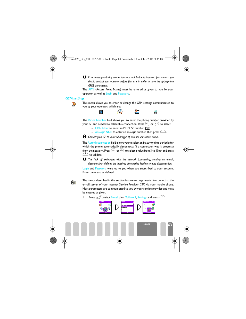 E�mail server access, E-mail server access, Gsm settings | Ee “e-mail server access”) | Philips Fisio 825 User Manual | Page 65 / 99