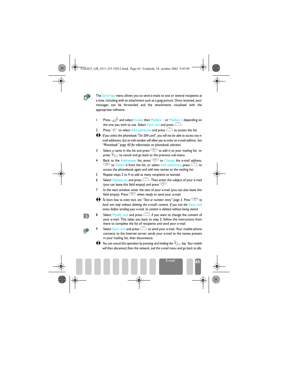 Write and send e�mails, To one or several recipients, Write and send e-mails | Send mail p65 | Philips Fisio 825 User Manual | Page 67 / 99