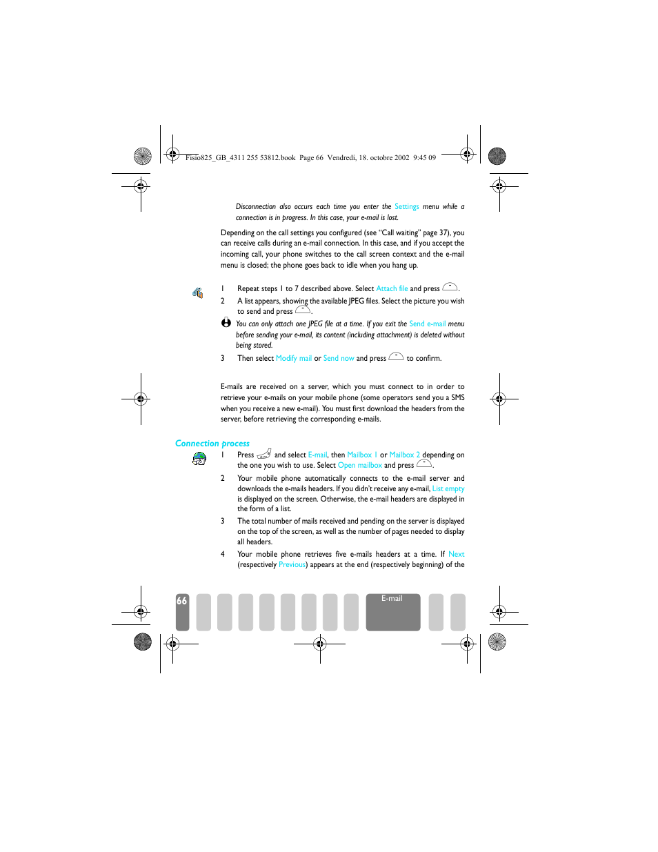 With an attachment, Receive and read e�mails, Connect to the server | Receive and read e-mails, Open mailbox p66 | Philips Fisio 825 User Manual | Page 68 / 99