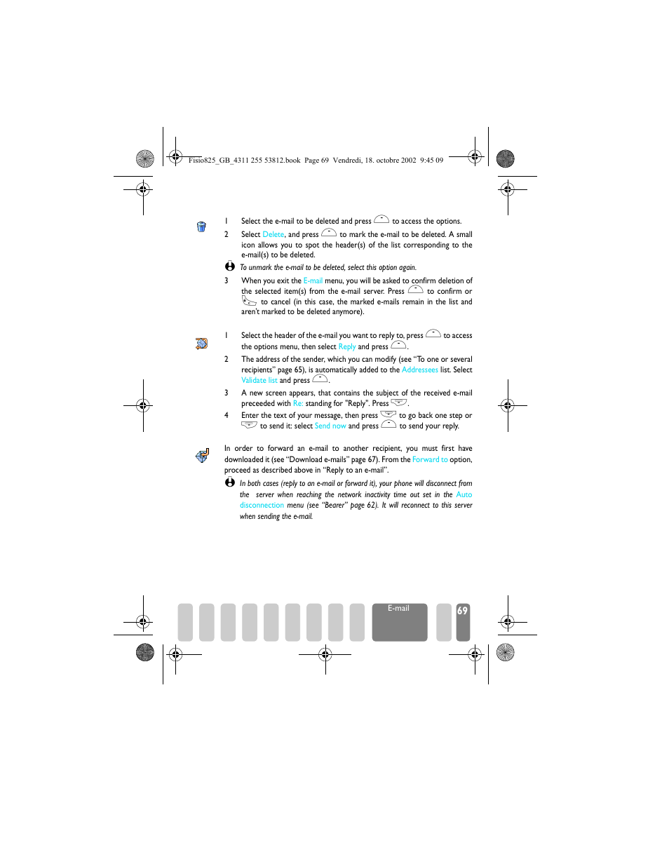 Delete e�mails, Reply to an e�mail, Forward an e�mail | Philips Fisio 825 User Manual | Page 71 / 99