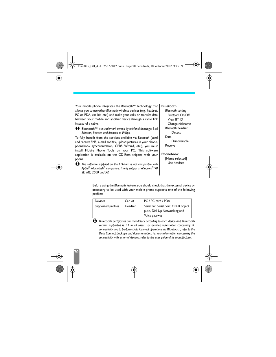 10 • bluetooth features, Introduction, Technical information | Bluetooth features, Introduction technical information, Bluetooth p70, Bluetooth setting, Data / receive | Philips Fisio 825 User Manual | Page 72 / 99