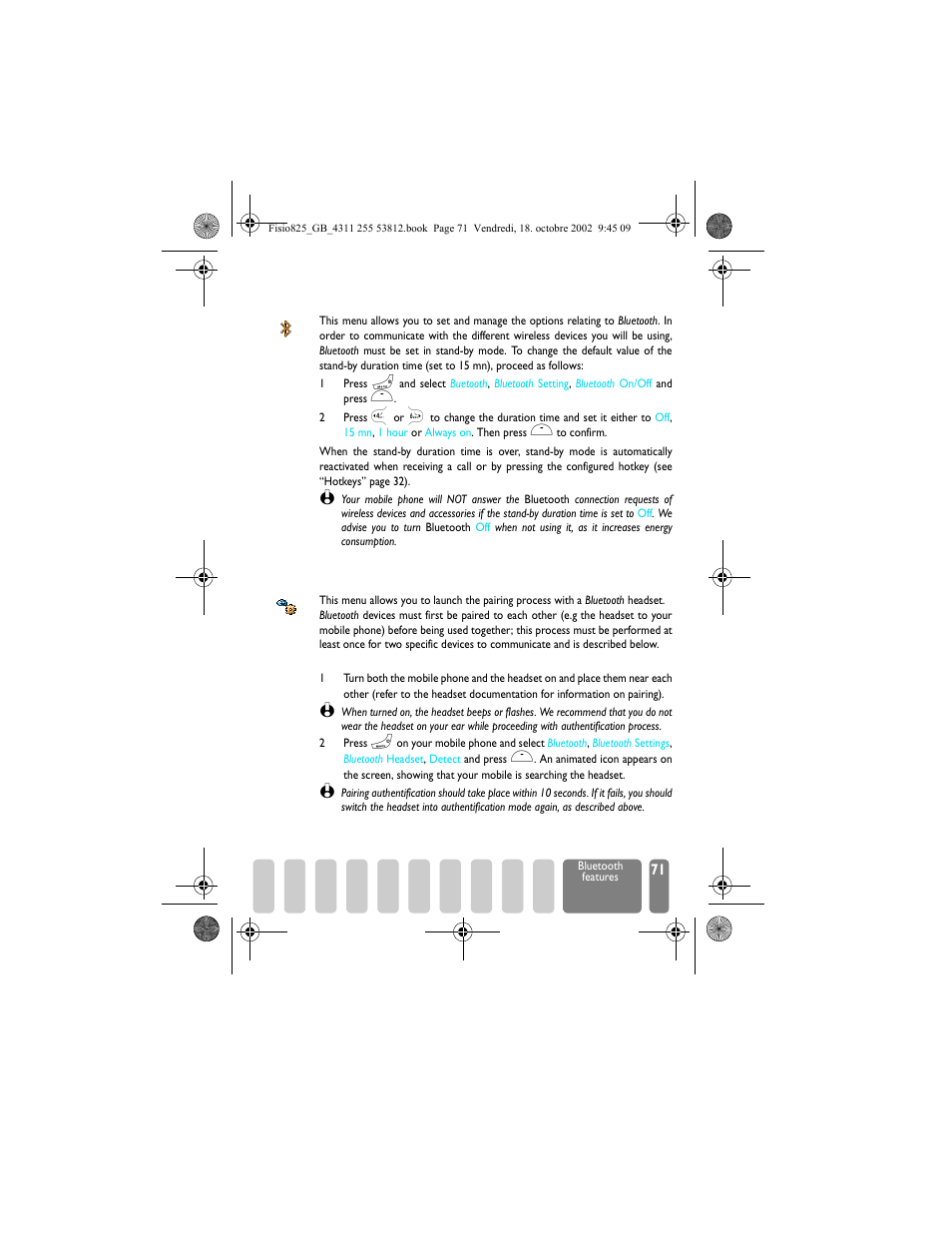 Bluetooth setting, Pair and use a bluetooth audio accessory, Bluetooth headset | Pairing process, Bluetooth headset pairing process | Philips Fisio 825 User Manual | Page 73 / 99