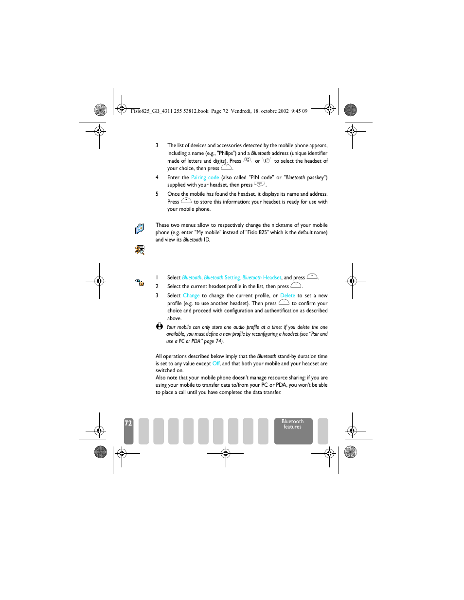 Change nickname and view bluetooth id, Change or delete a profile used, Manage calls | Philips Fisio 825 User Manual | Page 74 / 99
