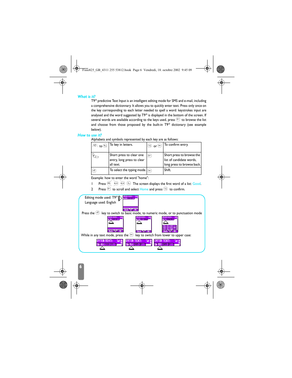 T9® text input, T9® text input | Philips Fisio 825 User Manual | Page 8 / 99