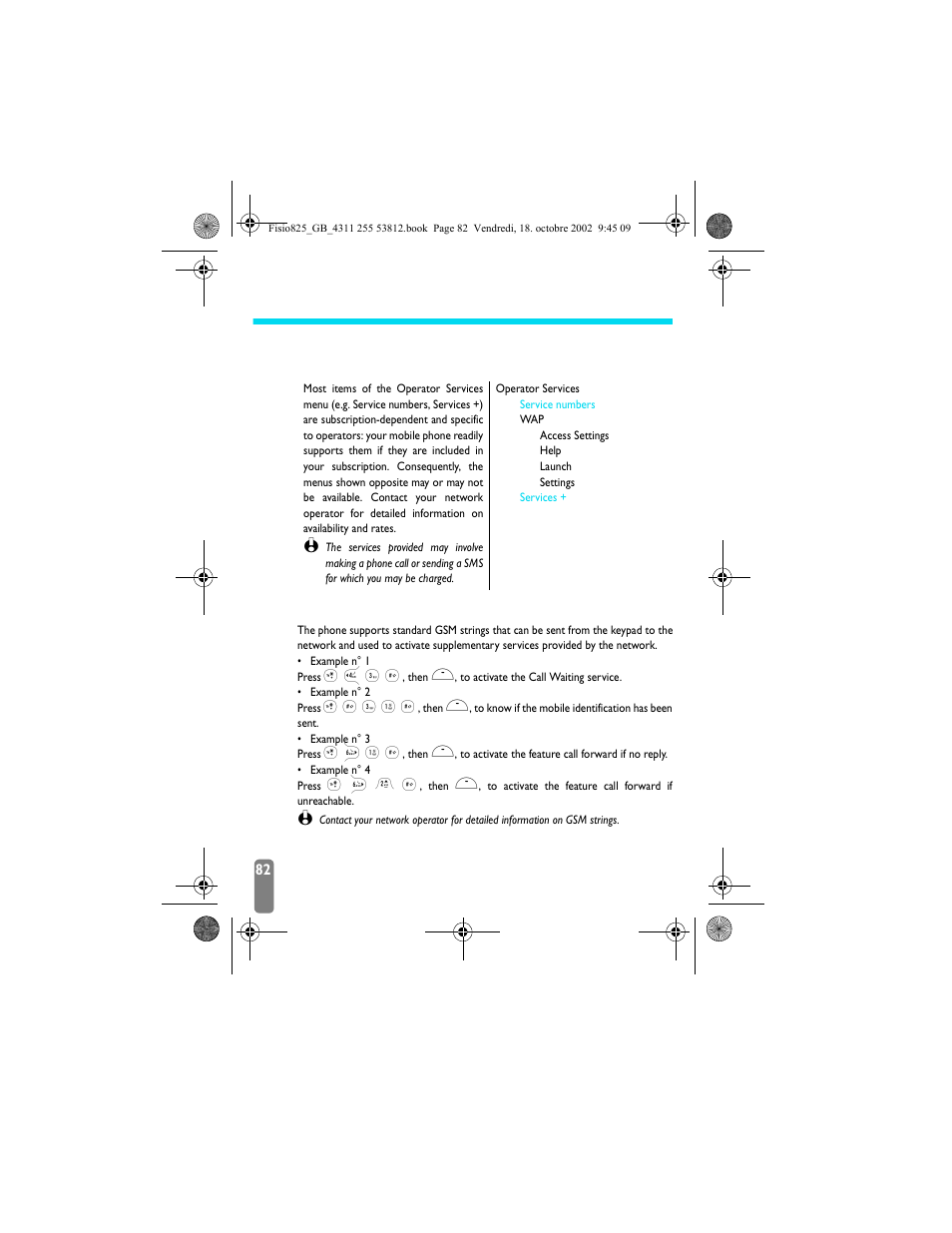12 • other operator services, Introduction, Gsm strings | Other operator, Services, Introduction gsm strings, Operator services p82, Services + p82, Service numbers p82 | Philips Fisio 825 User Manual | Page 84 / 99