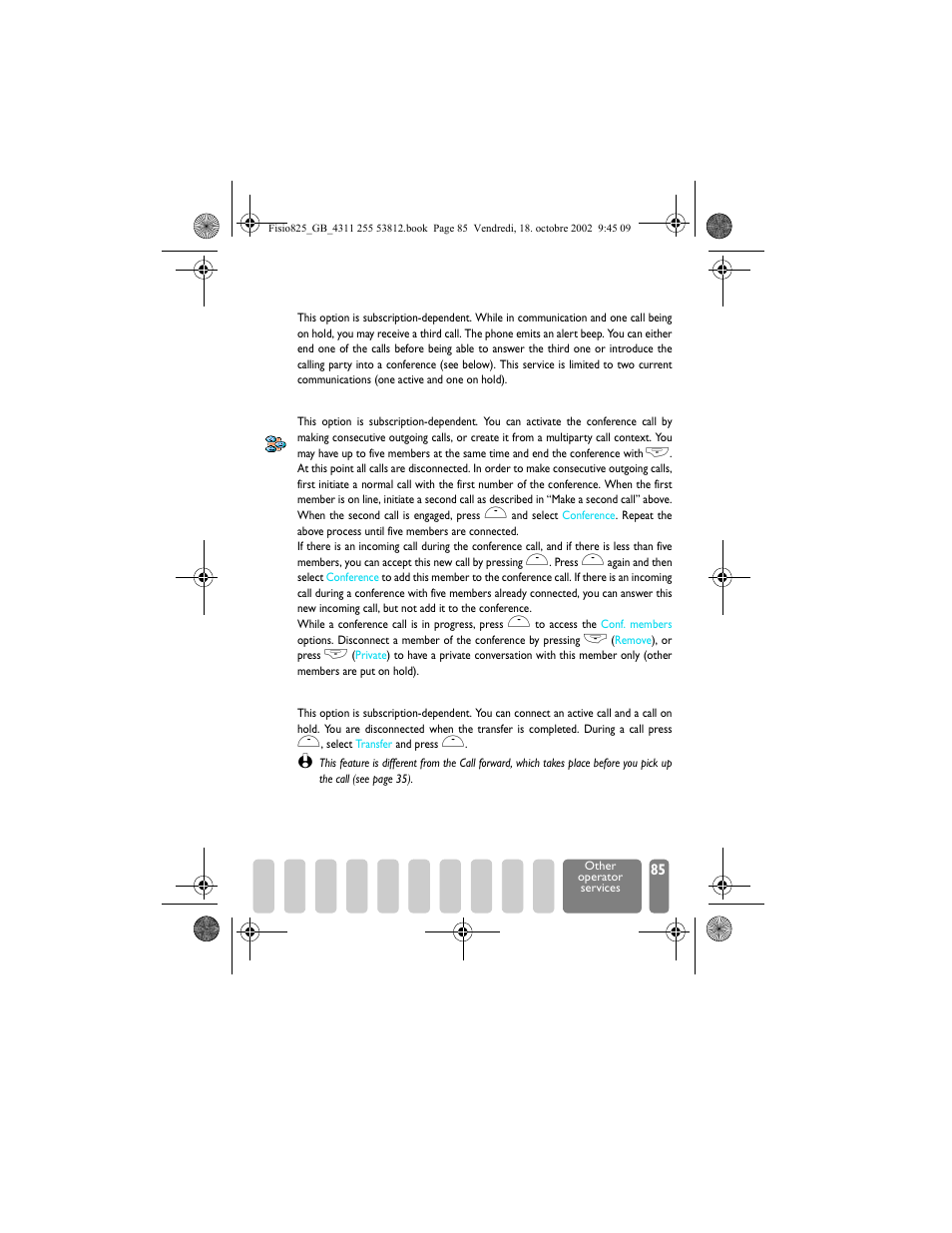 Answer a third call, Conference call, Explicit call transfer | Philips Fisio 825 User Manual | Page 87 / 99