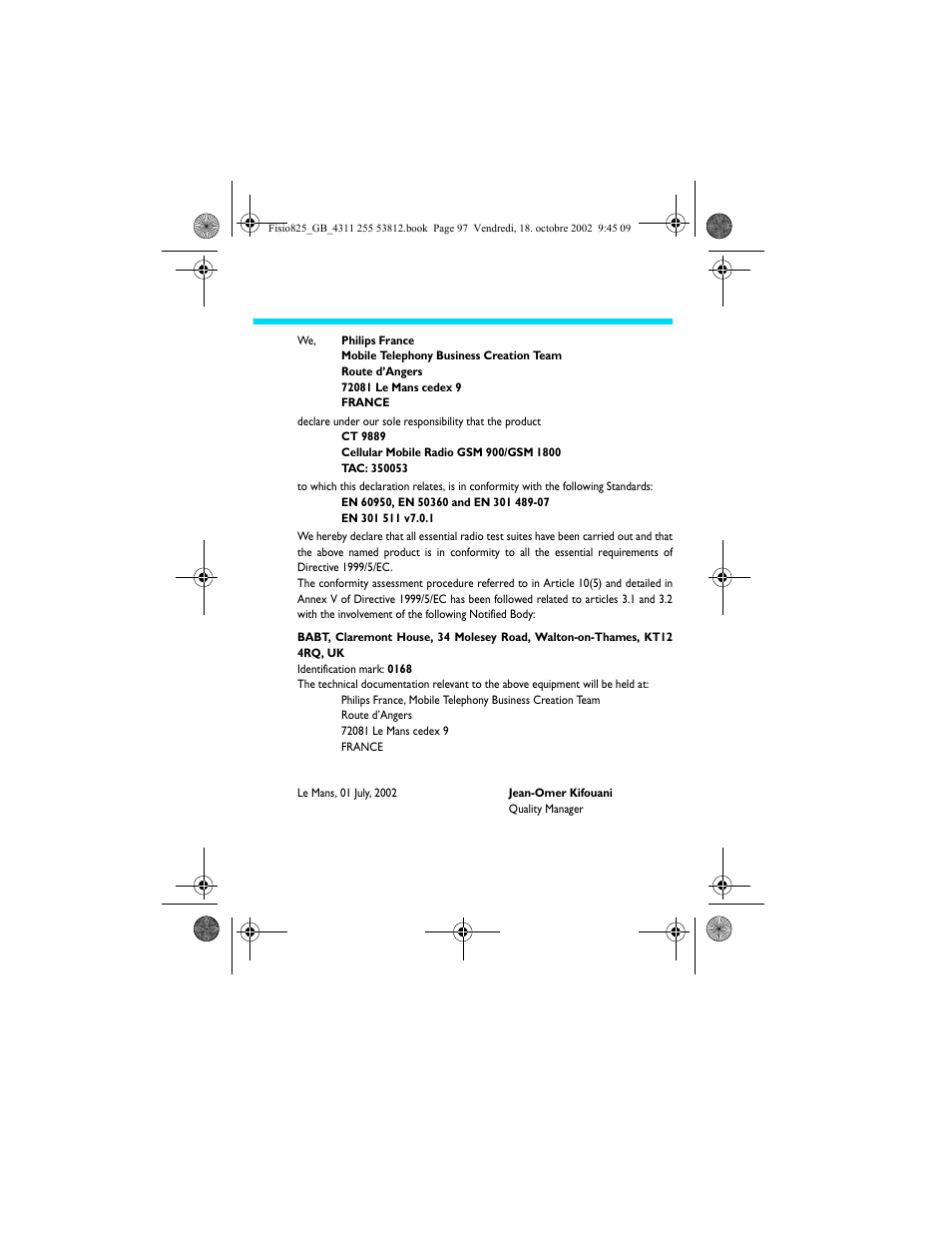 Declaration of conformity | Philips Fisio 825 User Manual | Page 99 / 99