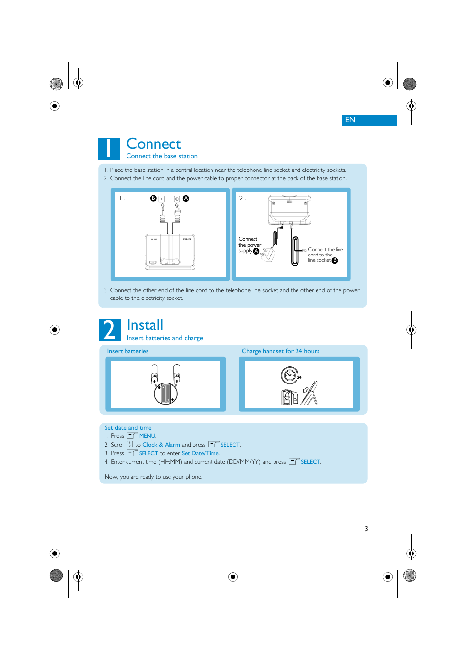 Connect, Install | Philips SE430 User Manual | Page 3 / 7