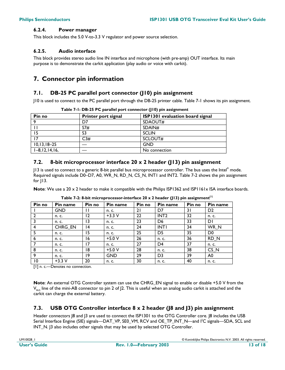 Connector pin information | Philips ISP1301 User Manual | Page 13 / 18