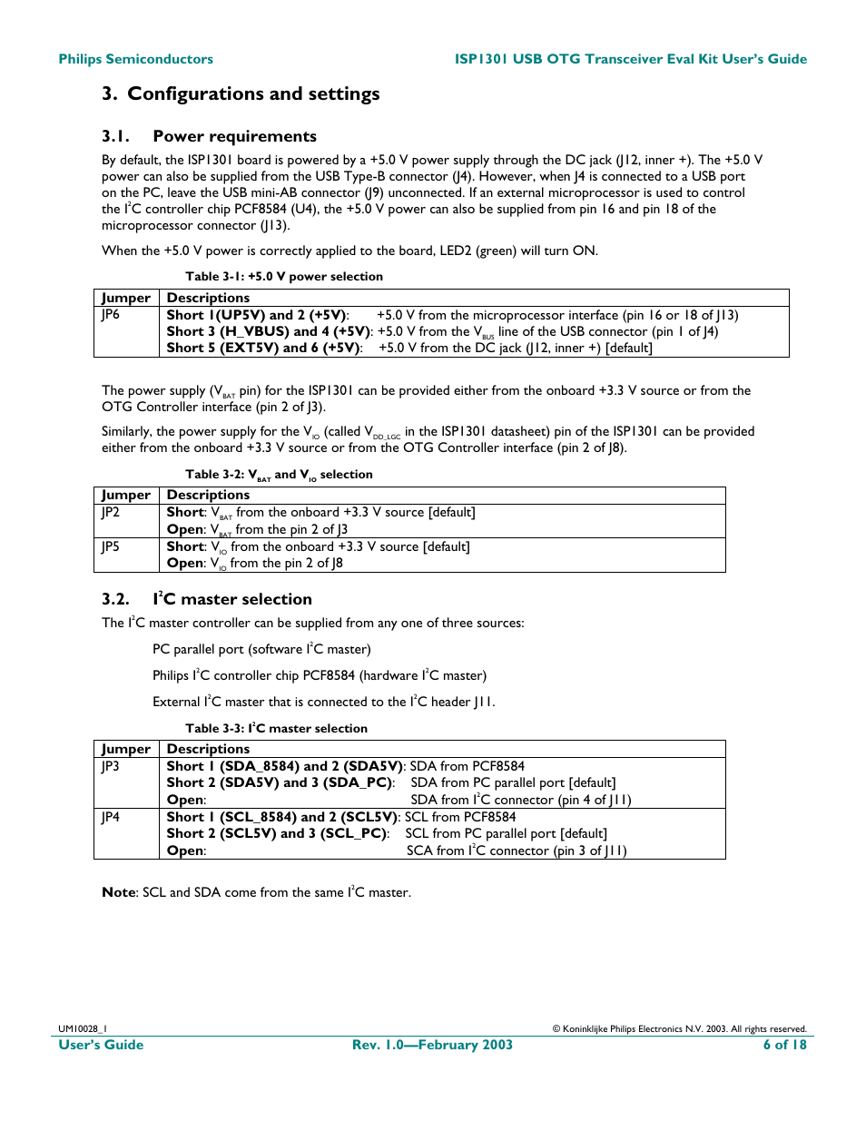 Configurations and settings, Power requirements, C master selection | Philips ISP1301 User Manual | Page 6 / 18