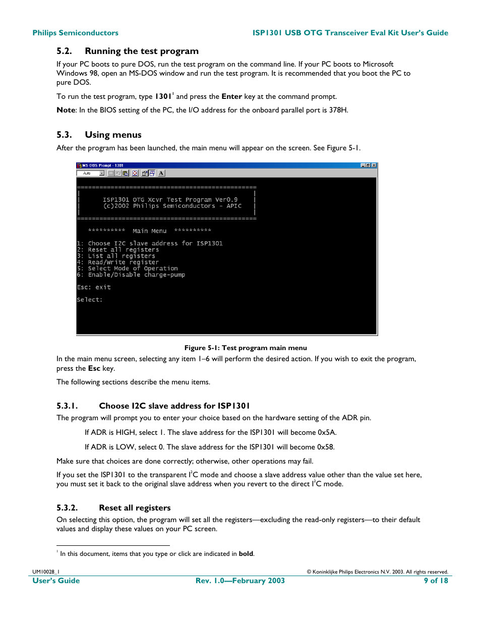 Running the test program, Using menus | Philips ISP1301 User Manual | Page 9 / 18