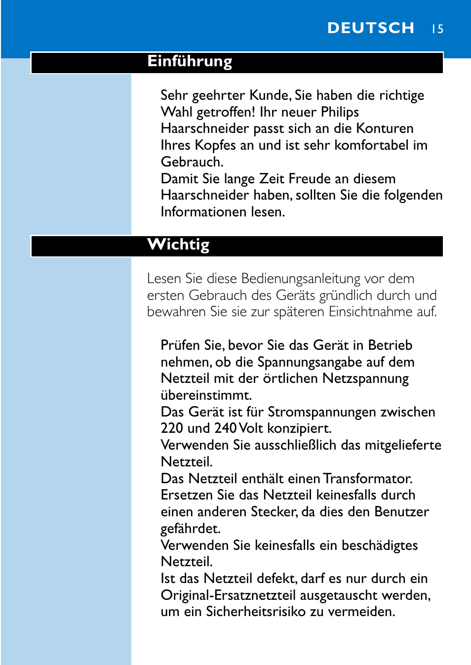 Deutsch 15 | Philips HQC483 User Manual | Page 13 / 108